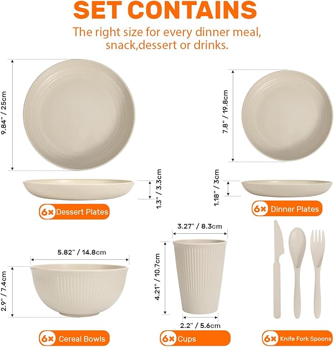 Wheat Straw Dinnerware Sets for 6 (42pcs), SGAOFIEE Unbreakable Dinnerware Set, Kitchen Plates and Bowls Set, Unbreakable Plastic Outdoor Camping Dishes, Dishwasher Microwave Safe, Beige White