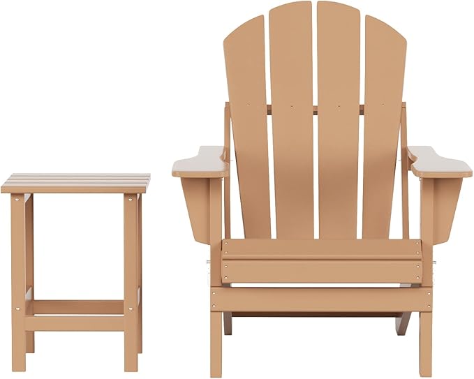 WO Home Furniture Adirondack Chair Table Set of 2 PCS Outdoor Folding Chair w Side Table Weather/UV Resistant for Lawn, Garden, Bon Fire, Balcony (Teak)