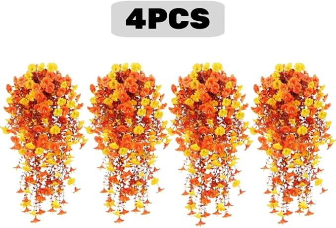 4PCS Artificial Hanging Flowers for Outdoor Decor UV Resistant Fake Morning Glory Realistic Silk Autumn Fall Hanging Plants for Porch Patio Balcony Yard (Autumn Colors)