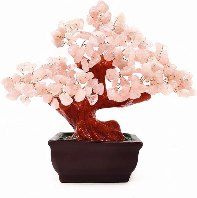 Feng Shui Quartz Crystal Money Tree Bonsai Style Decoration for Luck and Wealth (Pink)