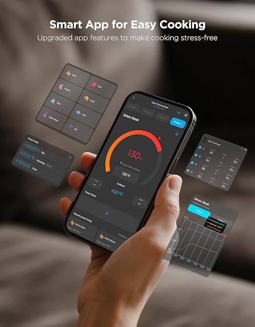 GoveeLife Bluetooth Wireless Meat Thermometer with Digital Standalone LCD Base | WiFi Unlimited Range | ±1.8℉ Accuracy | Food Grade Internal Ambient Sensor Probes for Kitchen, BBQ, Grill, Oven, Smoker