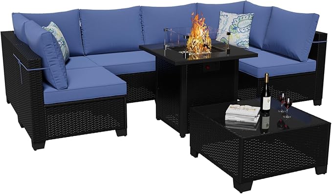 Patio Furniture Set with Fire Pit Table 28", 8-Piece Outdoor Furniture Set with Thick Cushions, Wicker Sectional Sofa for Porch Garden Backyard, Coffee/Blue