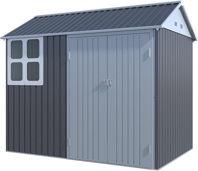 VanAcc 8x6x7.5 FT Shed 4-pane Window Nordic Cottage Storage Shed Outdoor Metal Garden House Double Hinged Lockable Doors for Backyard Garden Patio Lawn Dark Grey/White