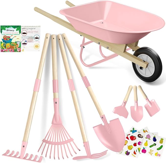 Kids Wheelbarrow Set with Gardening Tools Outdoor Backyard Garden Play for Toddlers Boys Girls 3-8, with Shovel, Rake, Leaf Rake, Easter Birthday Gifts (Pink Garden Set)