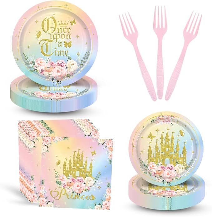 96PCS Princess Castle Plates and Napkins Girls Gold Princess Flower Castle Birthday Tableware Set Watercolor Pastel Rainbow Castle Party Table Decorations Favors Serves 24 Guests