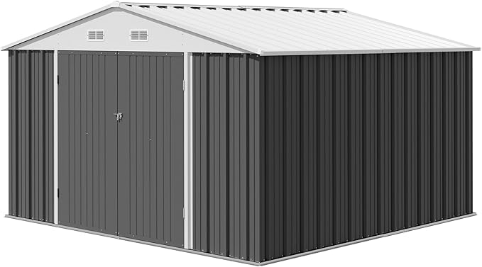 Devoko 10 x 10 FT Outdoor Storage Shed, Metal Garden Sheds & Outdoor Storage Clearance, Large Tool Shed Outdoor with Single Lockable Door for Patio Lawn Backyard (Gray)