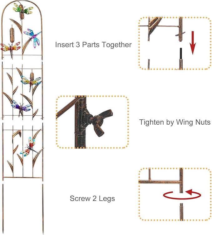 LEWIS&WAYNE 2 Pack Metal Garden Trellis with Colorful Dragonfly 60 Inch High Outdoor Decoration Arched Fence Trellis for Climbing Plants for Patio, Lawn, Yard, Backyard, Wall Brackets