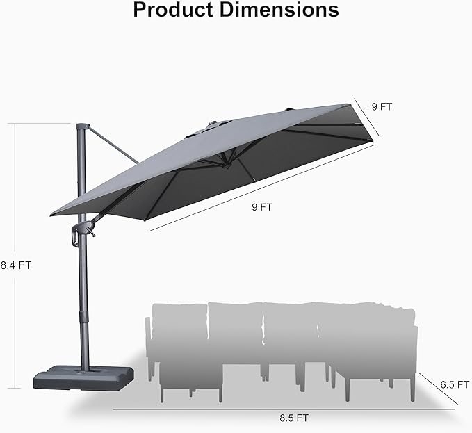 PURPLE LEAF 9 FT Cantilever Patio Umbrella with Base Outdoor Aluminum Offset Square Umbrella with 3 Years Fade Resistance Recycled Fabric and 360-degree Rotation for Deck Pool Garden, Mist Grey