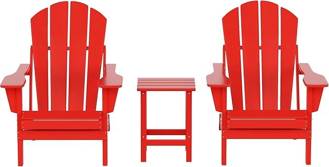 WO Home Furniture Adirondack Chairs Table Set of 3 PCS Outdoor Folding Chairs Side End Table Weather/UV Resistant for Lawn, Garden, Bon Fire, Balcony (Red)