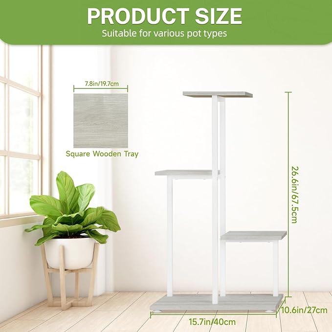iDavosic.ly 4 Tier Plant Stand Indoor, Tiered Corner Plant Shelf for Multiple Plants, Metal Wood Tall Plant Display Rack Flower Holder for Patio Porch Garden Balcony Bedroom, White