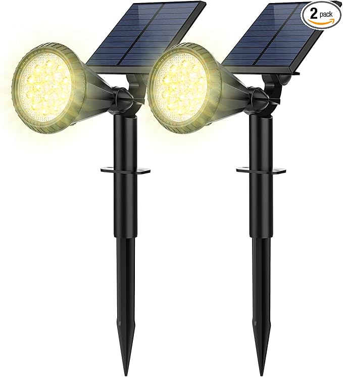 Solar Spot Lights Outdoor, 2 Pack Outdoor Solar Lights for Yard, IP65 Waterproof Solar Spotlights with 4 Modes, 2-in-1 Auto On/Off Solar Landscape Lights for Flood, Wall, Pathway (Warm White)