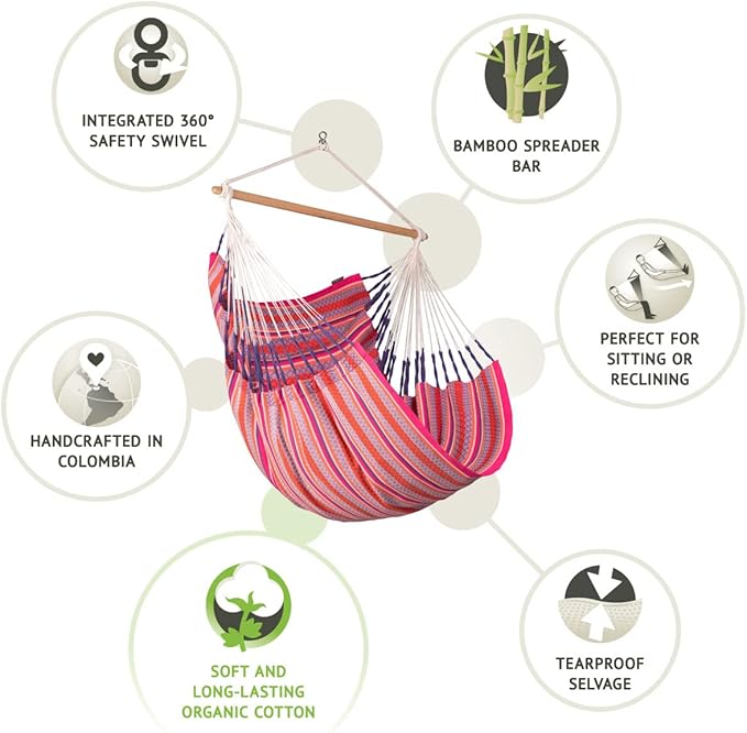 LA SIESTA - Large Comfort Habana Cotton Hammock - Indoor/Outdoor Swing Chair - Max 285 Lbs, Flamingo