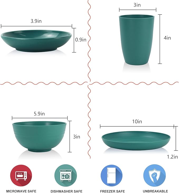 Wrova Wheat straw plates and bowls set of 16 - Unbreakable wheat straw dinnerware sets for kids - Alternative plastic dinnerware set service for 4 - Microwave safe and Dishwasher safe bowls. Green