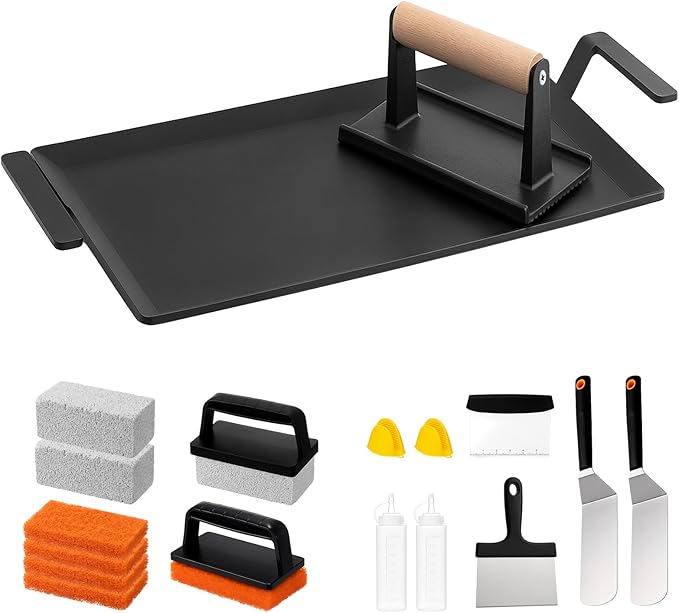 Maxdot 16 Pcs Grilling Accessories Kit Include 24'' x 10'' Carbon Steel Griddle, Grilling Accessory Toolkit and Griddle Cleaning Kit for Outdoor Gas Grill, Induction, Gas/Electric Stove and Oven