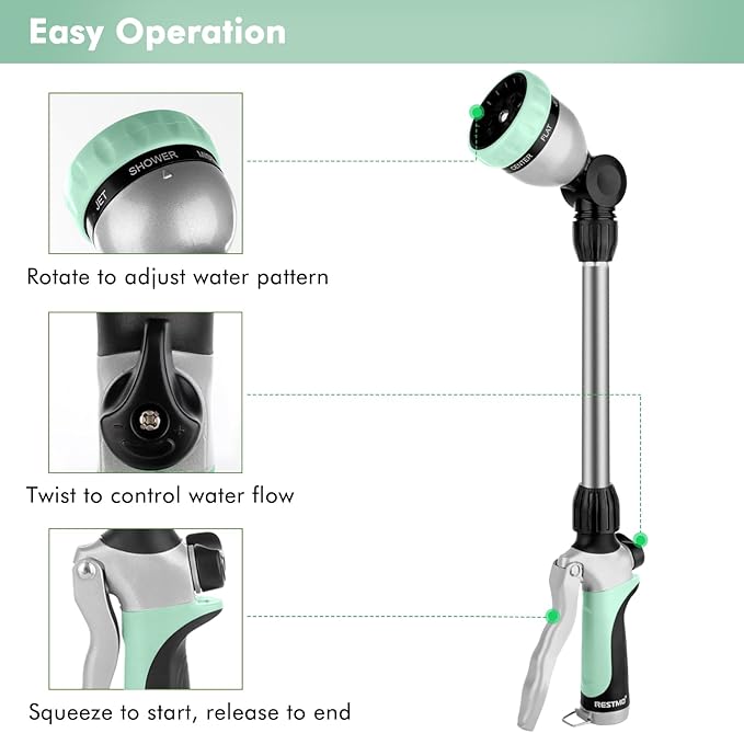 RESTMO Metal Watering Wand, Heavy Duty Garden Hose Wand with 180° Swivel Ratcheting Head, 16'' Hose Nozzle Sprayer with 7 Spray Patterns and Flow Control, for Water Hanging Baskets and Shrubs, Cyan