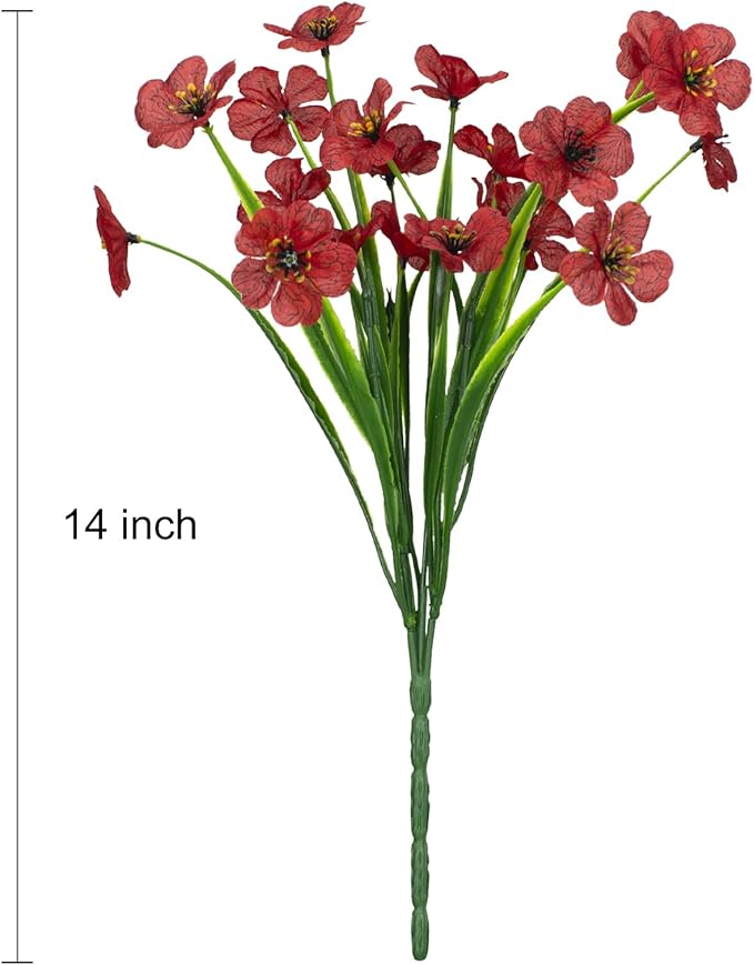 15 Bundles Artificial Flowers Outdoor UV Resistant Fake Silk Plants Plastic Faux Shrubs Outside Front Porch Window Box Garden Home Hanging Planter Decoration (Red)