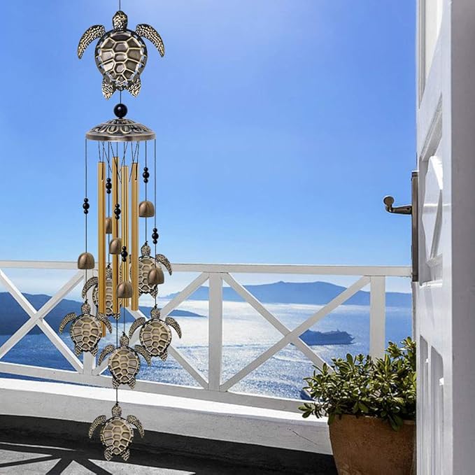 Garden Sea Turtle Wind Chimes Outdoor Decor - with 4 Tubes 6 Bells 7 Turtles Mobile Romantic Wind Catcher, Tortoise Wind Chime for Home, Xmas Mom Gifts, Festival, Balcony, Tree, Garden Decoration