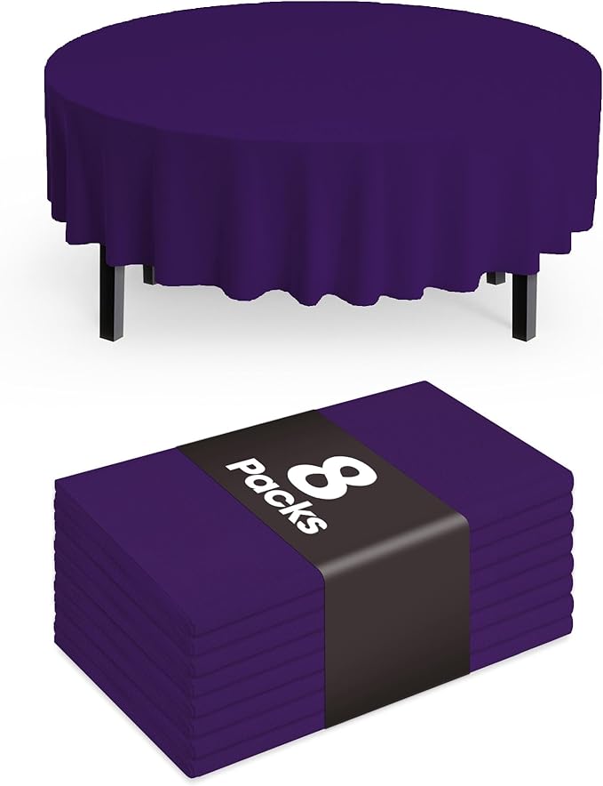 Pureegg Plastic Table Cloth Disposable 8 Pack, 84'' Round Table Cloths, Graduation Decorations Class of 2025, Graduation Party Tablecloths, Round, Plastic Cover, Leakproof & Sturdy, Purple
