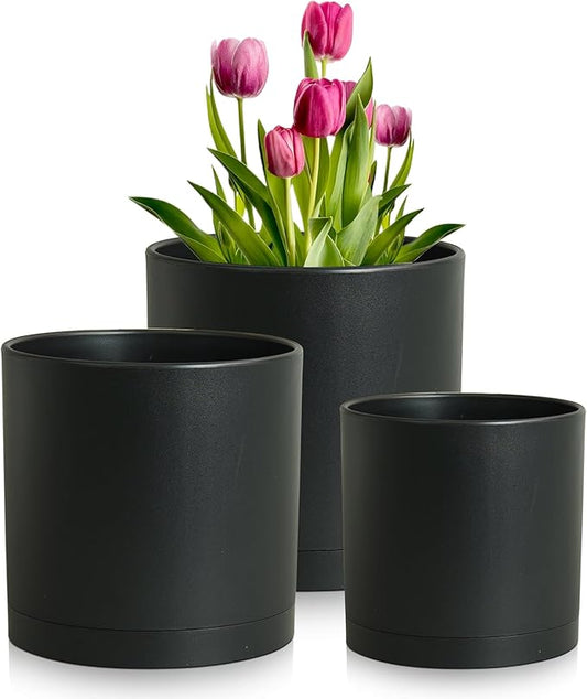 10/8/6 inch Large Deep Plant Pots for Outdoor Indoor Plants, 3 Pack Tall Cylinder Flower Pots with Drainage Holes and Saucers, Big Plastic Planter Pots for Garden House Porch, Black