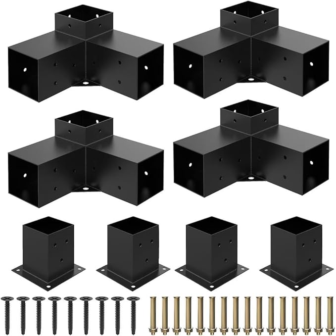 Heavy Alloy Steel Pergola Kit with 3-Way Brackets for 4"x 4" (Actual 3.6" X 3.6") Lumber，DIY Pergola Brackets Suitable for Pergolas，Gardens，and Metal Gazebo Kits - Includes Screws