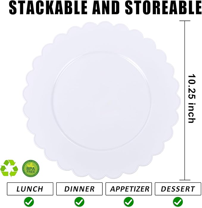 SUT 72-Pack 10.25 Inch White Heavy Duty Plastic Dinner Plates, Disposable Plates, Scallop Plates for Parties, Events, and Occasions