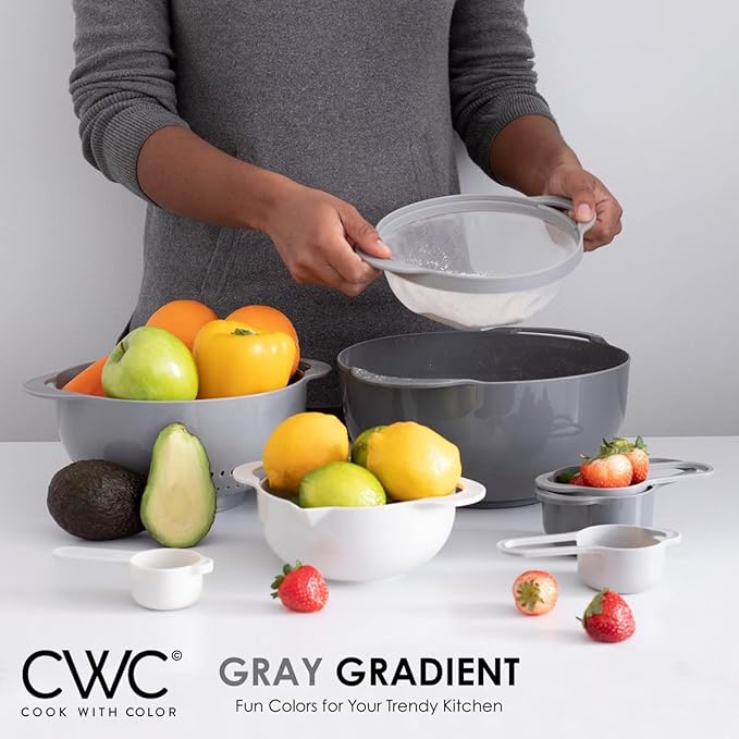 COOK WITH COLOR Nesting Bowls with Measuring Cups Colander and Sifter Set - Includes Mixing Bowls, Colander, Sifter and Measuring Cups, Gray, 8 Pc Bowl