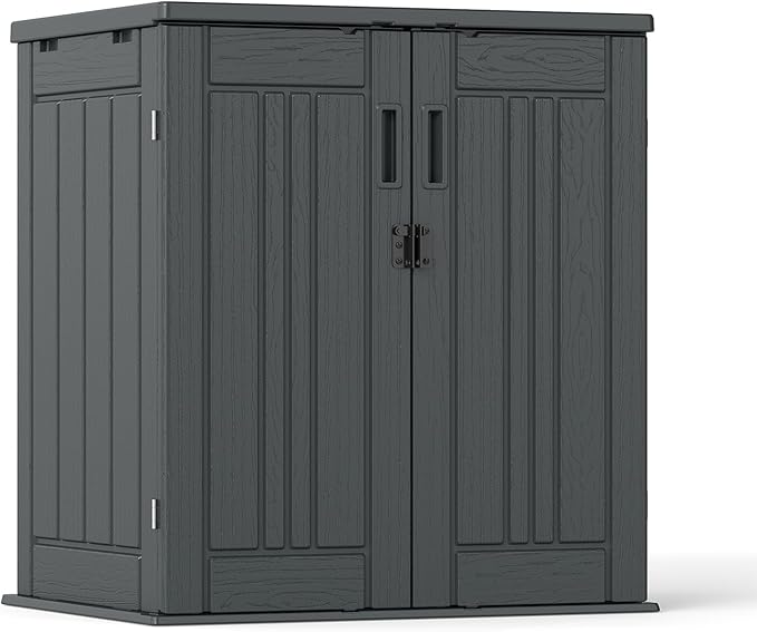 Outdoor Storage Cabinet with 2 Shelves, Waterproof Resin Horizontal Tool Shed, Lockable 15 cuft. Storage Shed for Patio, Garden, Yard, Grey