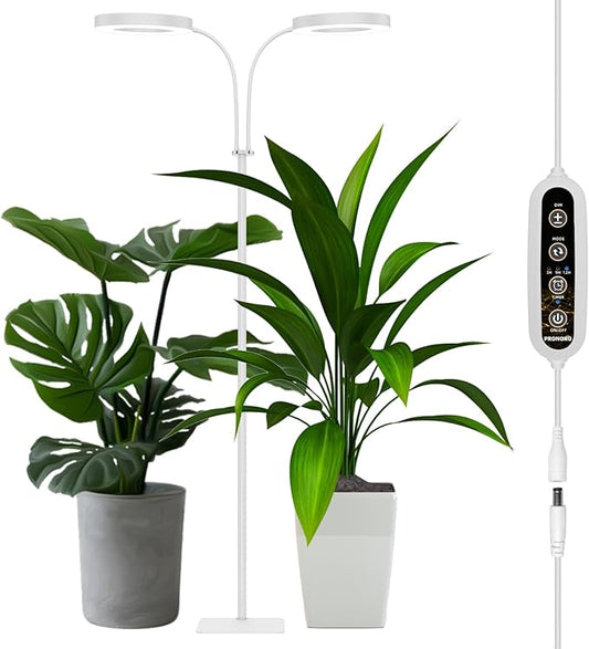 PRONORO Grow Light for Indoor Plants,Full Spectrum 2-Head LED Grow Light,Standing Grow Light for Large Plants,Auto ON/Off Timer,6 Dimmable Levels,3 Spectrum Light Modes,Height Adjustable,36W