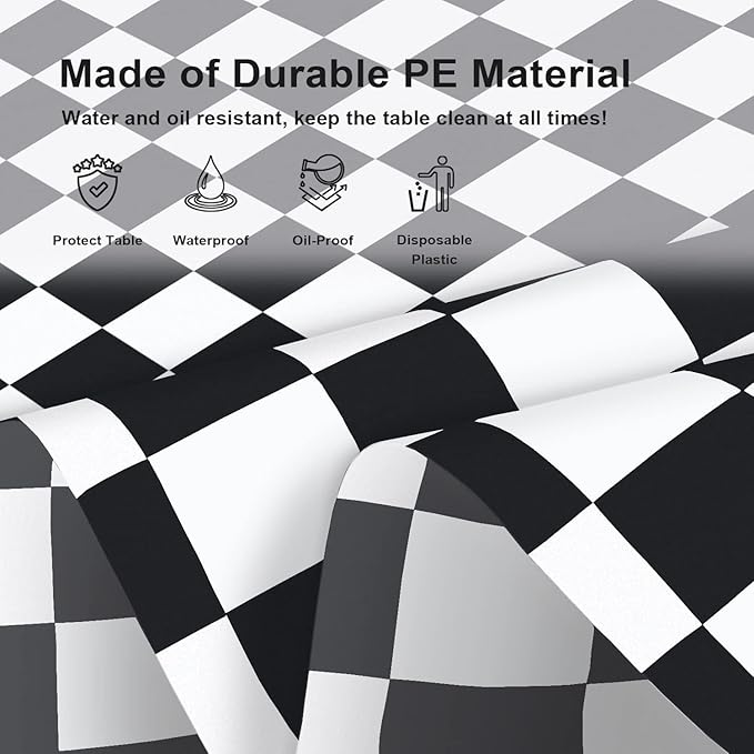 2 Pack Black and White Checkered Tablecloth, Plastic Table Cloths for Parties Disposable, 54 x 108 inch Waterproof Black Checkered Flag Table Cloth for Birthday, Party, School, Halloween