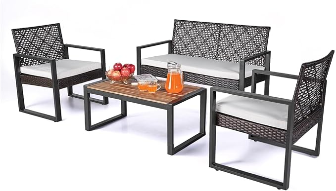 BEEFURNI Wicker Patio Furniture Outdoor Conversation Set of 4, Acacia Wood Table, 2 Rattan Chairs, Loveseat, 2” Cushions, All-Weather, Easy Assembly, 1-Year Manufacturer Warranty (Black)