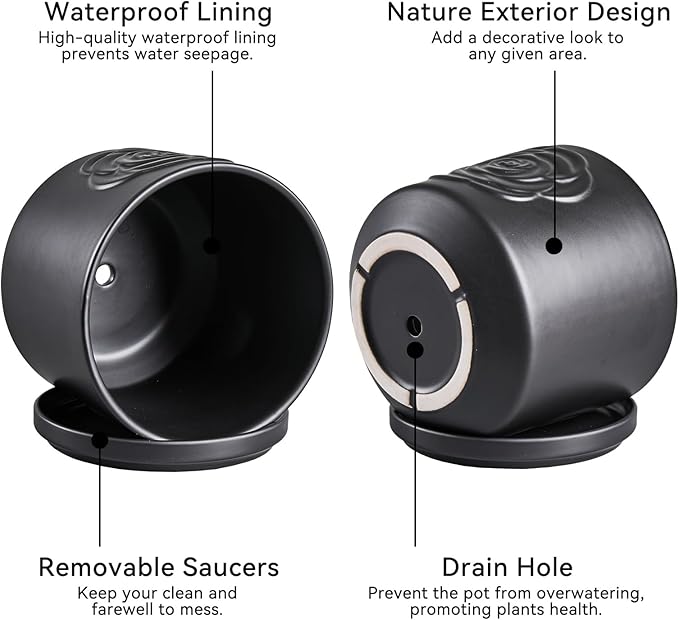 Ekirlin 7 Inch Plant Pots, Ceramic Rose Flower Planters Indoor, Modern Succulents Containers with Drain Hole Saucer, Weatherproof Pot for Home Decorate, Outdoor & Garden (Black)