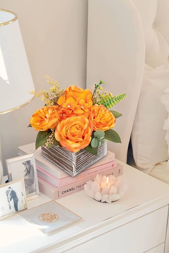 DILATATA Artificial Flower Arrangement, 8'' Orange Roses Peonies Hydrangeas in Wooden Planter, Rustic Fake Flowers in Pot for Home Decor Living Room - 1PC