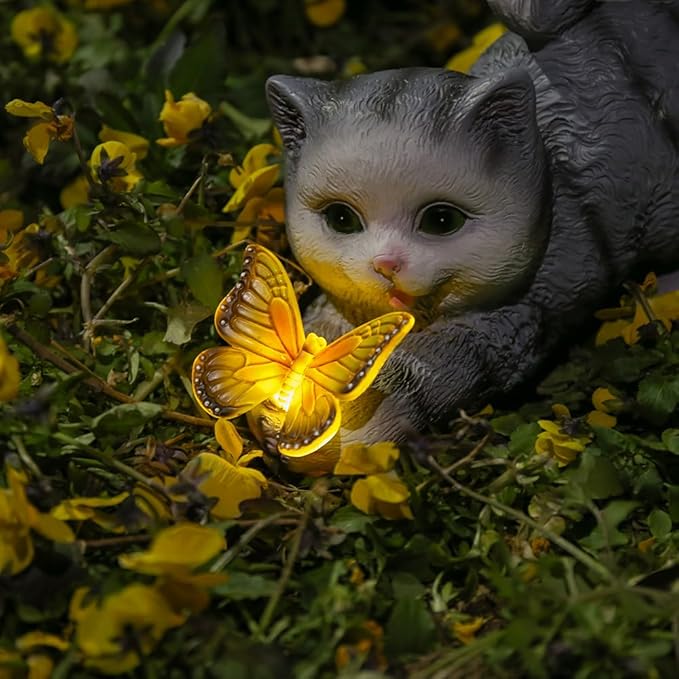 Solar Cat Statue with LED Lights & Butterfly - Outdoor Garden Decor for Patio, Lawn, Yard - Waterproof Cat Figurines, Housewarming Gardening Gifts for Women, Mom, Grandma