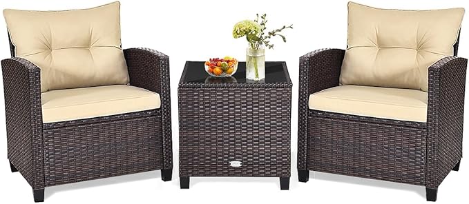 HAPPYGRILL 3 Pieces Patio Conversation Set, Outdoor Furniture Set PE Rattan Sofa Set with Removable Cushions, PE Wicker Chairs with Tempered Glass Side Table for Porch Lawn Garden Balcony Backyard