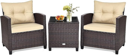 HAPPYGRILL 3 Pieces Patio Conversation Set, Outdoor Furniture Set PE Rattan Sofa Set with Removable Cushions, PE Wicker Chairs with Tempered Glass Side Table for Porch Lawn Garden Balcony Backyard