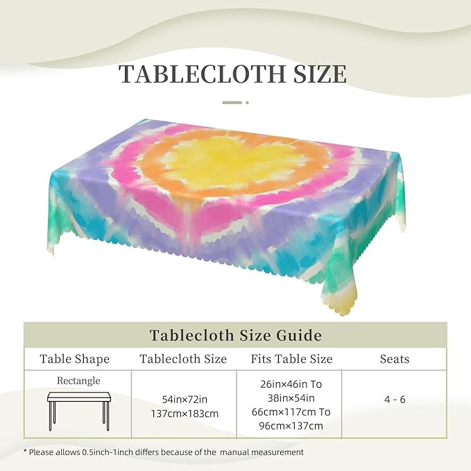Colorful Rainbow Tie Dye Heart Table Cloth for Dining Tables, Colored Heart Rectangle Tablecloths Home Kitchen Tabletop Decoration Reusable Table Cover for Holiday,Party,Picnic, 54x72Inch