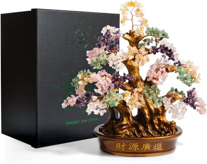 Natural Bonsai Feng Shui Money Tree, 18'', Includes Lucky Coins Chain, Tree of Life (1300 Gemstone Count), Good Luck and Wealth