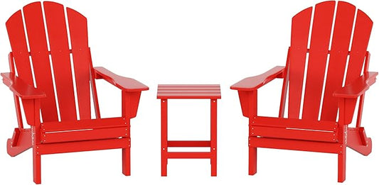 WO Home Furniture Adirondack Chairs Table Set of 3 PCS Outdoor Folding Chairs Side End Table Weather/UV Resistant for Lawn, Garden, Bon Fire, Balcony (Red)