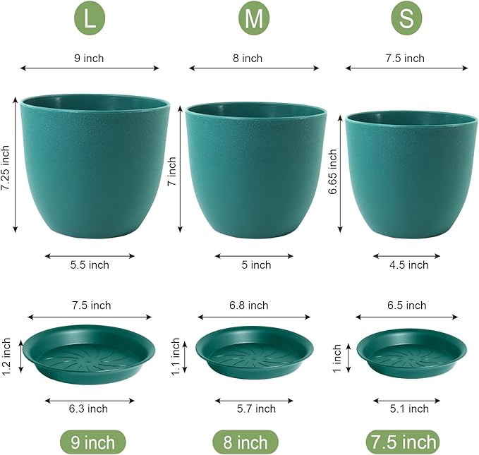 Modern Plant Pots Set, 9/8/7.5 inch Plastic Planters for Indoor Plants, Stylish Flower Pots with Drainage Holes and Saucers for House Plants and Flowers, Blue