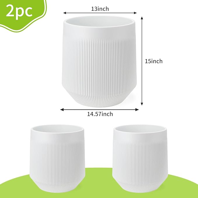 Plant Pots，Set of 2 Plastic Large Pots for Indoor Plants,Flower Pots Outdoor Planters with Drainage Hole and Seamless Saucer,(White 15Inches)