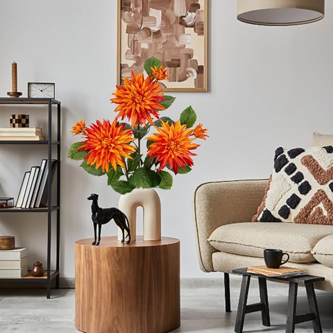 Hollyone 3Pcs Orange Fake Dahlia Flowers Fall Flowers Artificial for Decoration Silk Flower with Long Stem 28" Floral Arrangements Bouquets Autumn Faux Dahlias Centerpieces Fall Decorations for Home