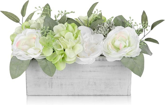 DILATATA Flower Arrangement with Wooden Vase 10" Artificial Flowers in Pot - Fake Flowers in White Rectangular Wooden Vase Potted Faux Flower Centerpieces for Table Decor Living Room - White