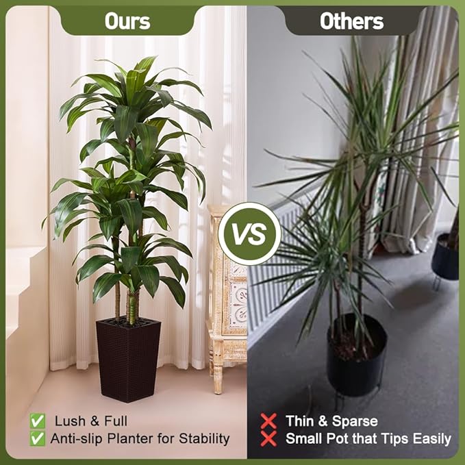 6FT Artificial Dracaena Tree - UV Resistant Faux Tropical Plant, Potted Fake Tree with Taper Planter & Pebbles - Indoor Outdoor Greenery for Home, Porch, Living Room, Bedroom Decor, VN127
