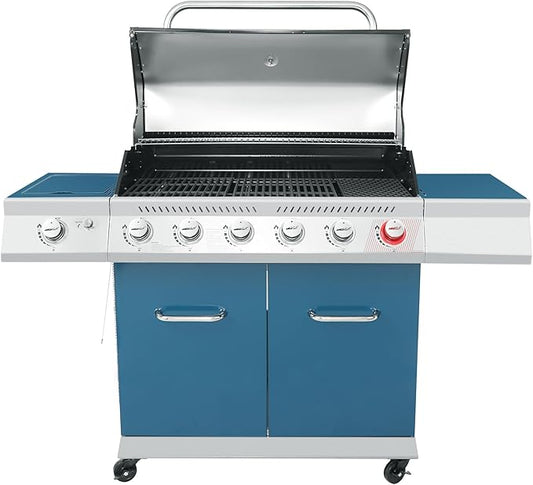 Royal Gourmet GA6402B 6 Burner Propane Gas Grill with Side Burner and Warming Rack, 74,000 BTUs, Cabinet Style Gas BBQ Grill for Barbecue Grilling & Backyard Cooking, Blue