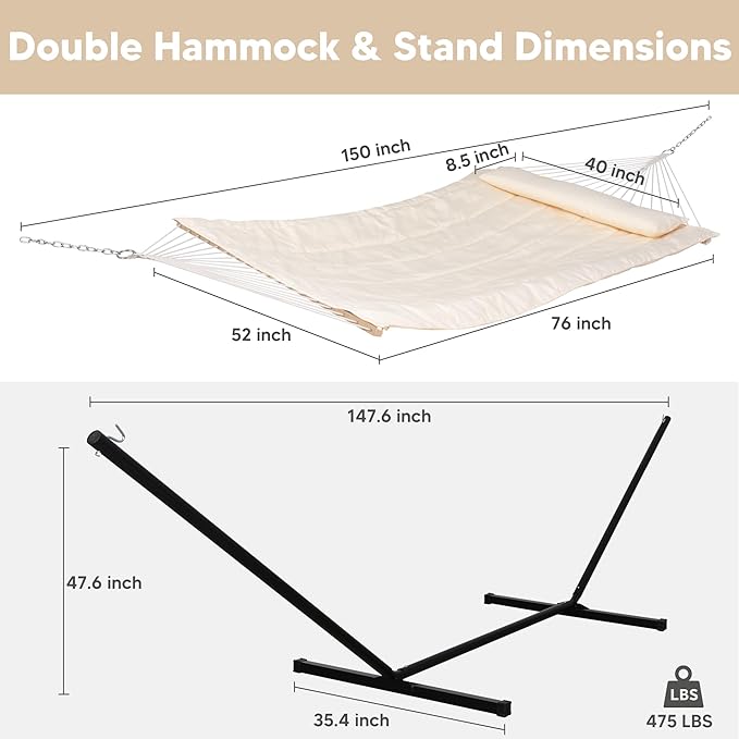 SUNCREAT Two Person Hammock with 12ft Stand Included, Max 475lbs Capacity, Heavy Duty Free Standing Hammock, Beige