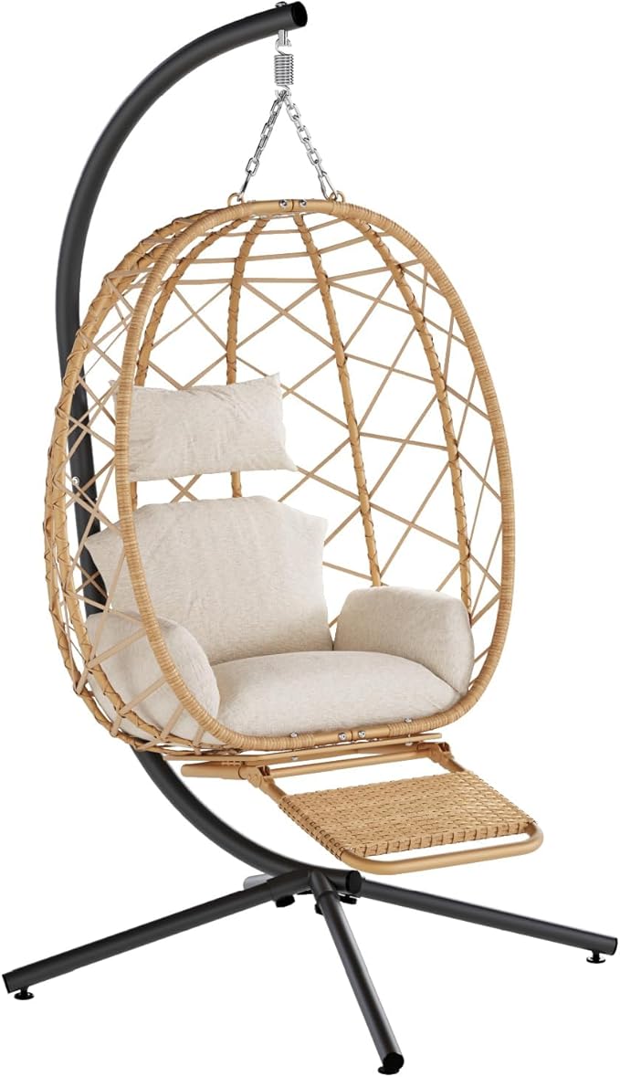 SWITTE Hanging Egg Chair with Stand, Outdoor Swing Egg Chair with Footrest, Patio Hammock Chair with Cushion for Garden Backyard-Cream