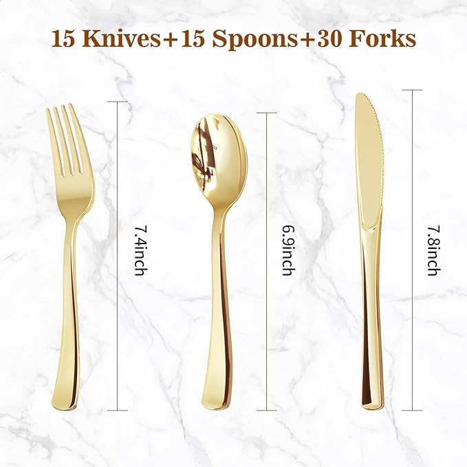 BESTVIP 60PCS Gold Plastic Silverware, Disposable Utensils, Heavy Duty Cutlery Set of 30 Forks, 15 Spoons, 15 Knives for Christmas, Party, Weddings, Catering and Daily Use