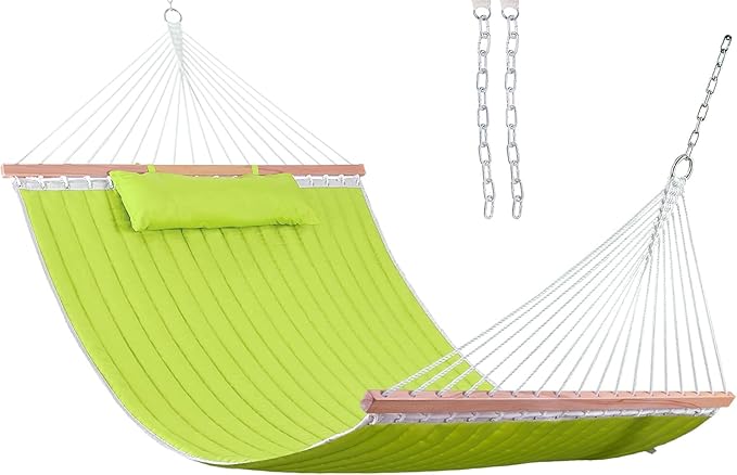 Lazy Daze Hammocks Quilted Fabric Double Hammock with Pillow, Spreader Bar Swing for Two Person, 450lbs Weight Capacity (Light Green)
