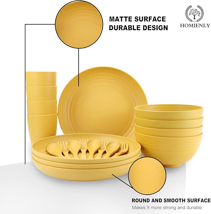 Wheat Straw Dinnerware Sets, Homienly 20pcs Unbreakable Microwave Dishwasher Safe Tableware Lightweight Bowls, Cups, Plates Set Reusable Dinner Plates Bowls set (Yellow)