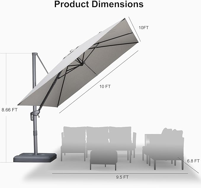 PURPLE LEAF 10 FT Outdoor Umbrella with Base Patio Cantilever Aluminum Umbrella with 3 Years Fade Resistance Recycled Fabric Offset Square with 360-degree Rotation for Deck Pool Garden, Pebble Grey